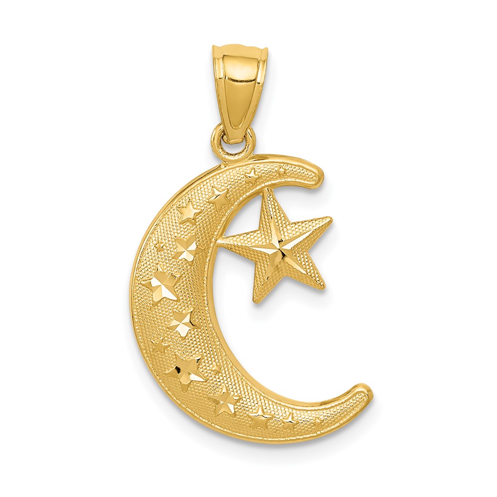 14k Yellow Gold Crescent Moon and Stars Pendant, 12 or 16mm