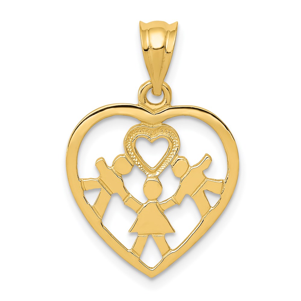 14k Yellow Gold Heart and Family Pendant, 16mm (5/8 inch)