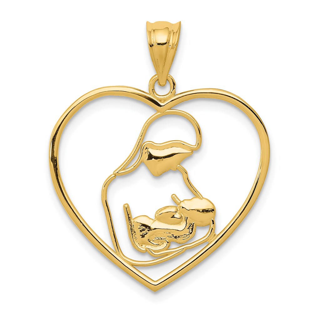 14k Yellow Gold Mother and Child Heart Pendant, 23mm (7/8 inch)