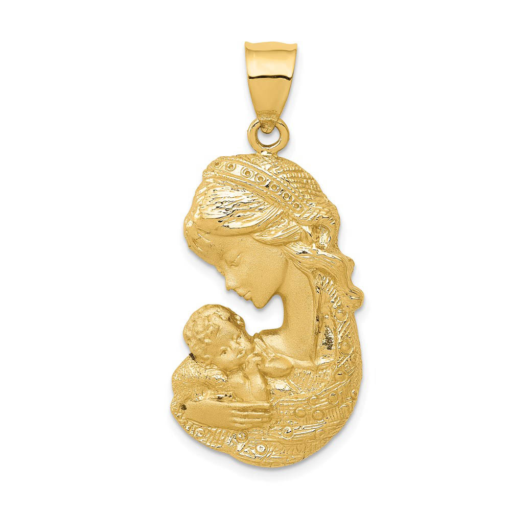 14k Yellow Gold Mother Holding Child Pendant, 17 x 36mm