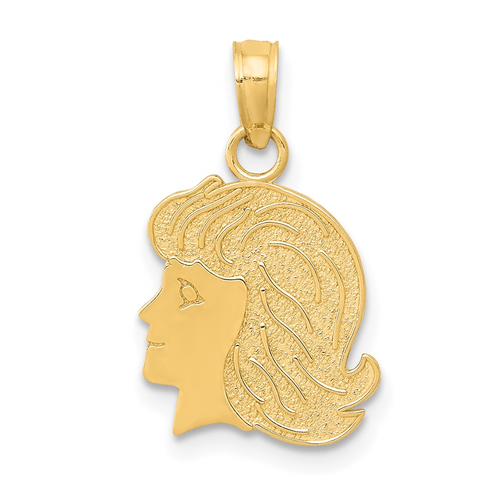 14k Yellow Gold Flat Profile Girl Head Pendant, 12mm (7/16 inch)