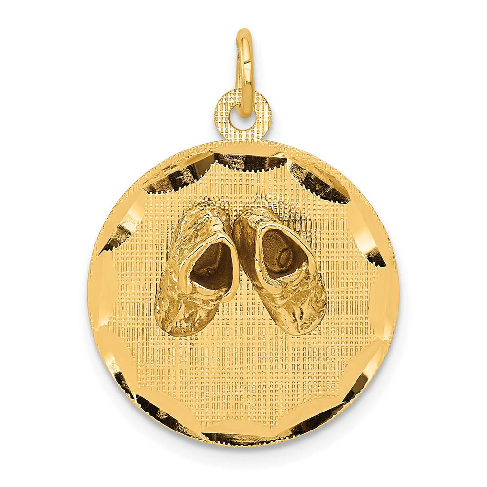 14k Yellow Gold Embossed Baby Shoes Disc Charm or Pendant, 15mm