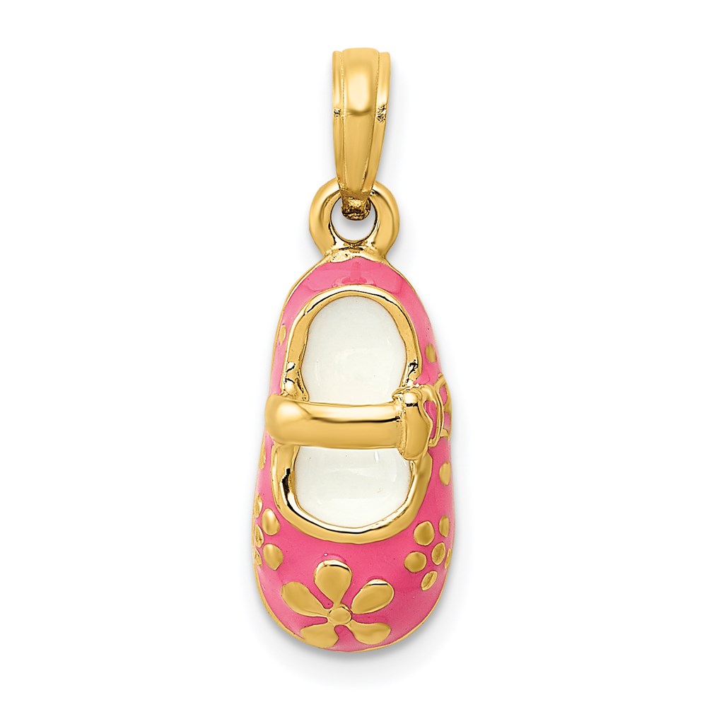 14k Yellow Gold and Enamel Pink Baby Shoe Pendant, 7 x 22mm
