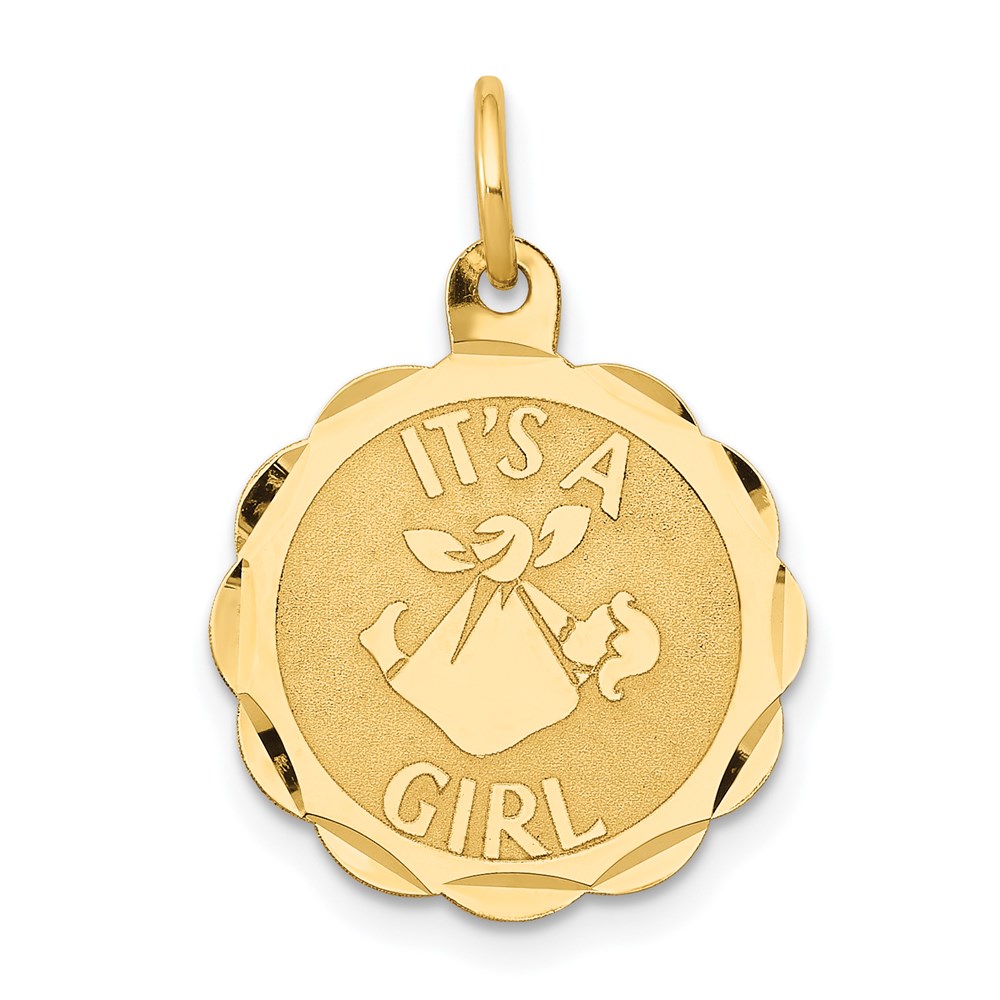 14k Yellow Gold It's A Girl Disc Charm or Pendant, 16mm (5/8 inch)