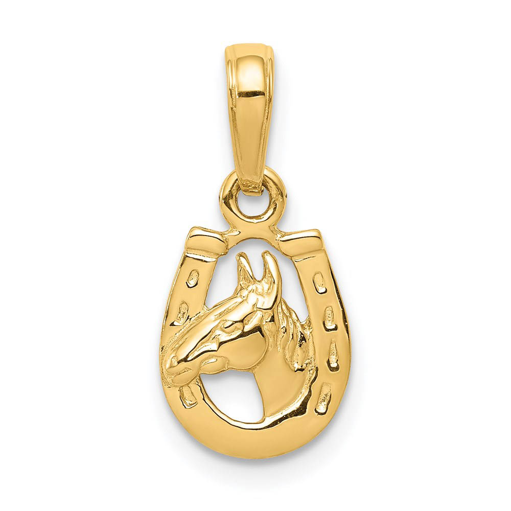 14k Yellow Gold Horse Head and Horseshoe Pendant, 9mm