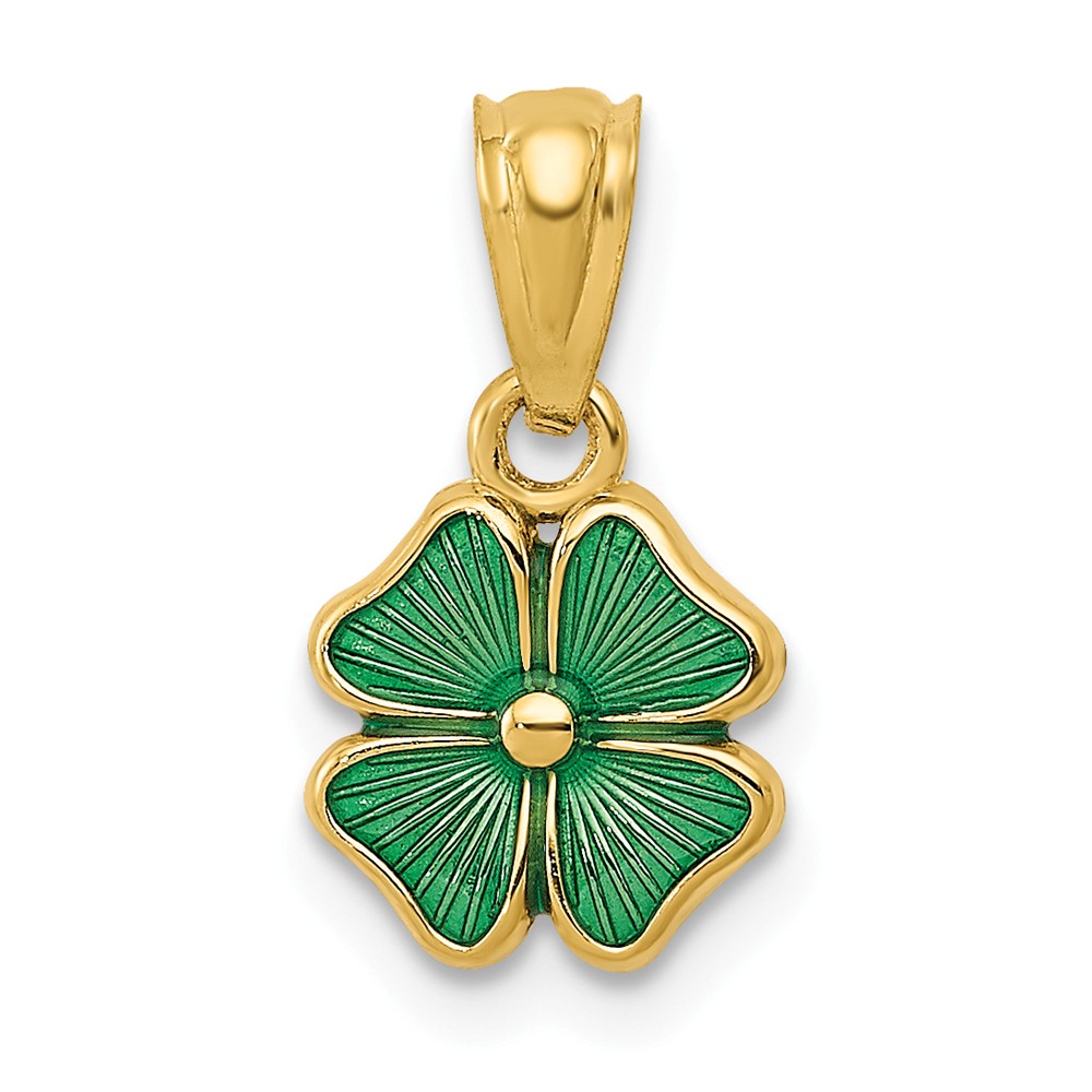 14k Yellow Gold & Green Enamel Four Leaf Clover Pendant, 8mm