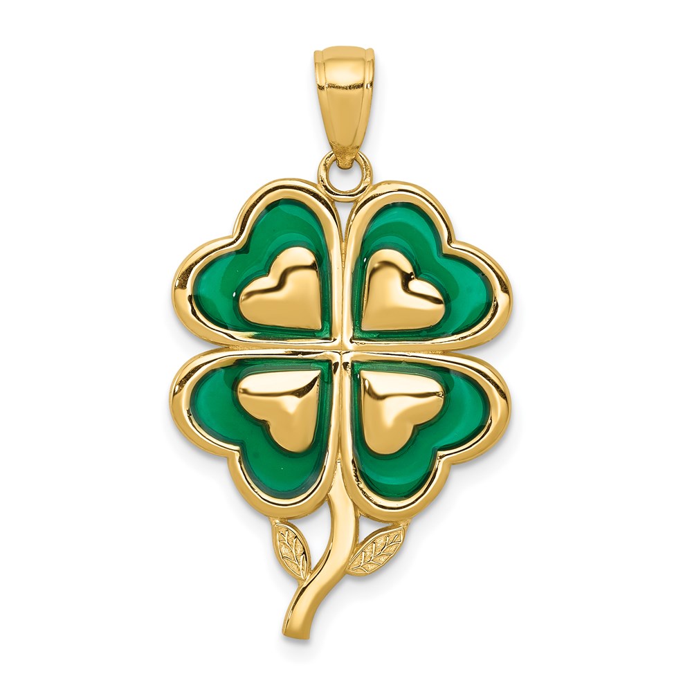 14k Yellow Gold & Green Acrylic Four Leaf Clover Pendant, 19mm