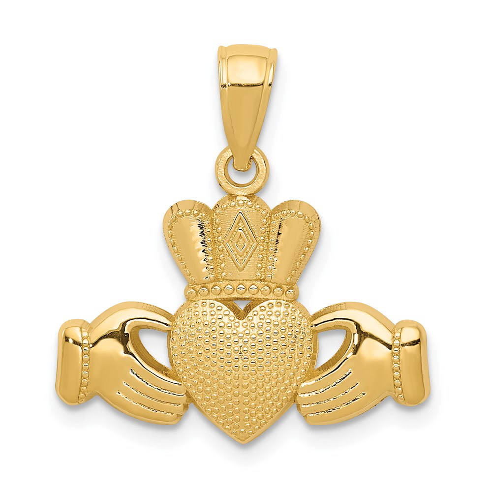 14k Yellow Gold Polished & Textured Claddagh Pendant, 20mm (3/4 inch)