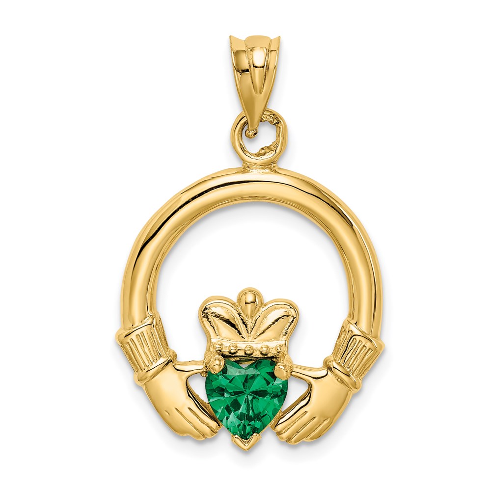 14k Yellow Gold & Green CZ Claddagh Pendant, 20mm (3/4 inch)