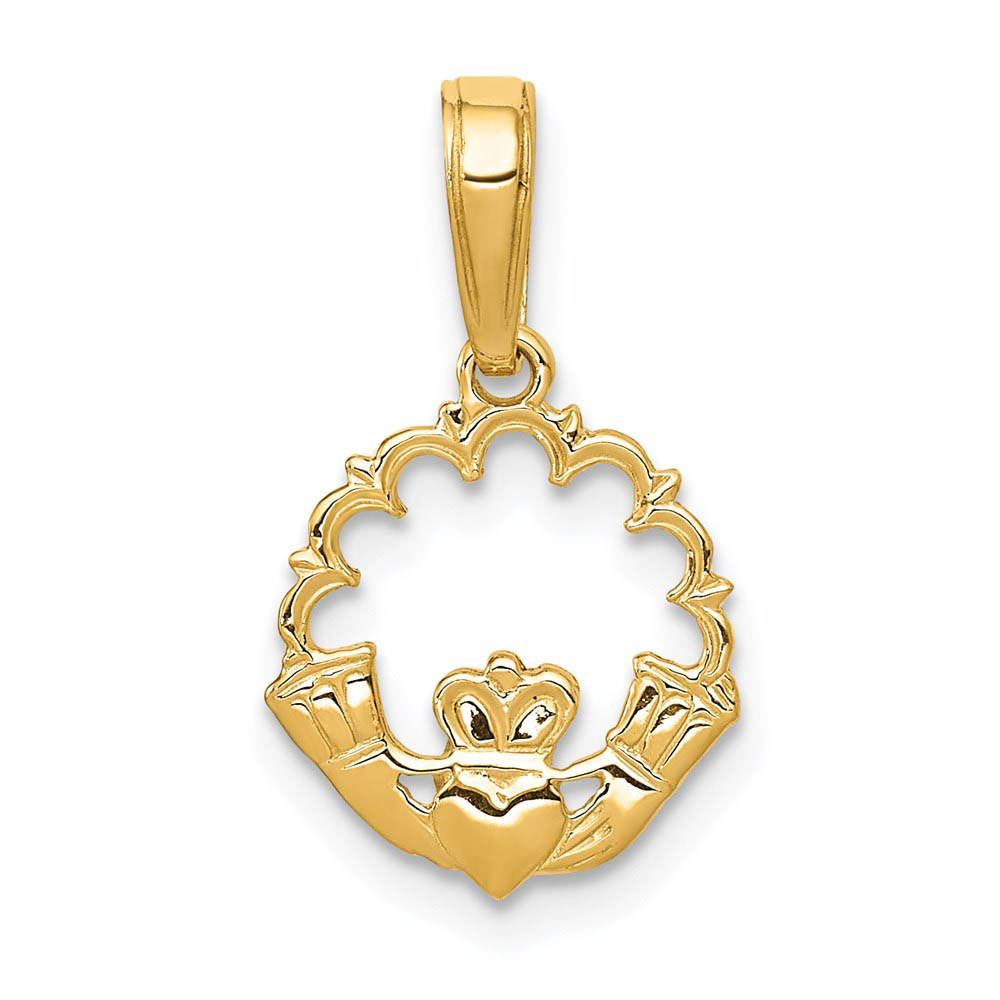 14k Yellow Gold Scalloped Claddagh Pendant, 11mm (7/16 in)