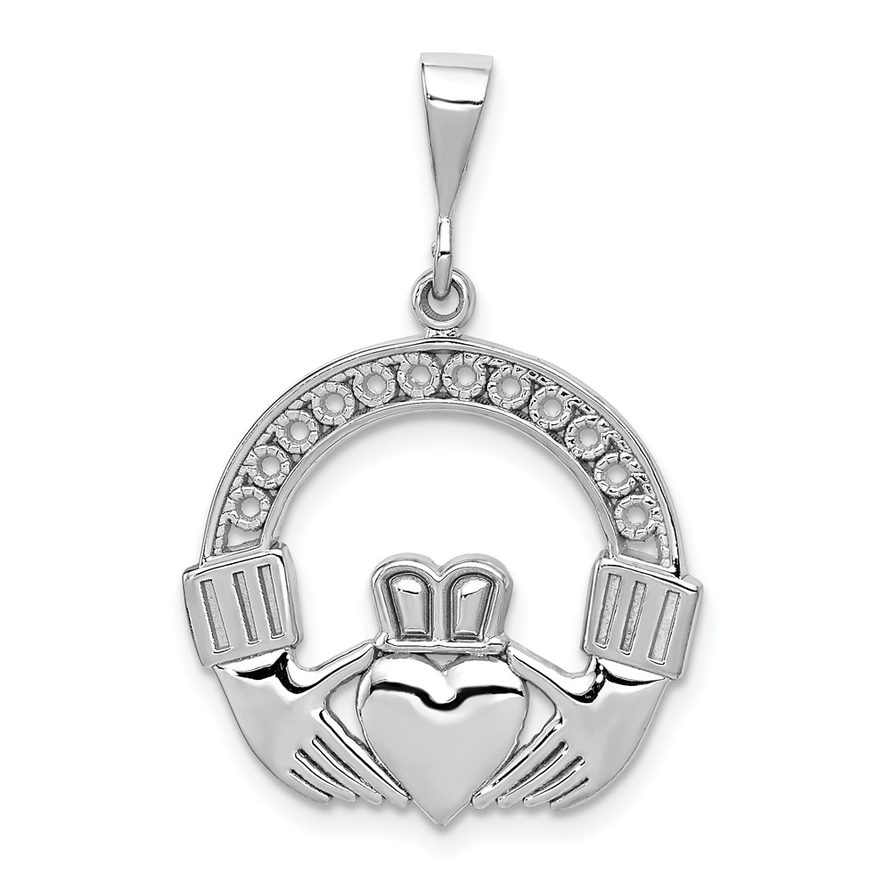 14k White Gold Polished & Satin Claddagh Pendant, 21mm (13/16 inch)