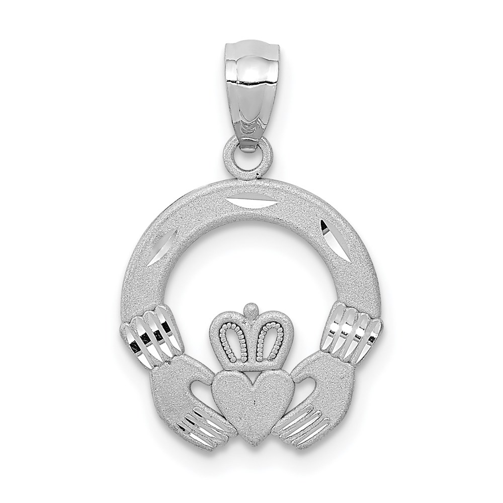 14k White Gold Satin & Diamond Cut Flat Claddagh Pendant, 14mm