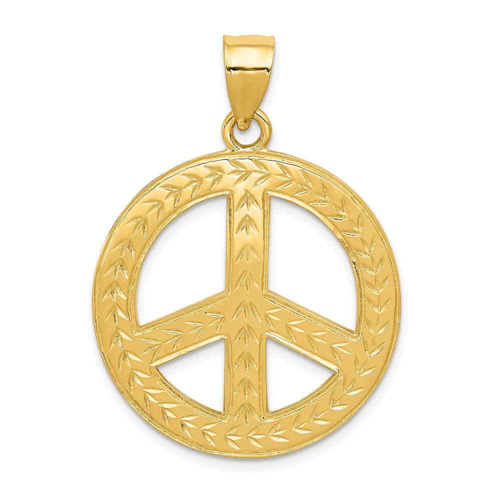 14k Yellow Gold Peace Sign with Wheat Pattern Pendant, 28mm (1 1/8 in)