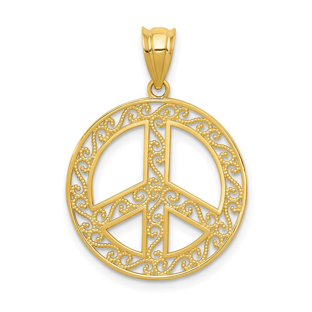 14k Yellow Gold Filigree Peace Sign Pendant, 19mm (3/4 inch)