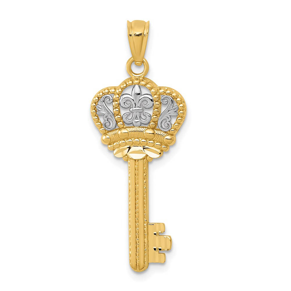 14k Yellow Gold & White Rhodium Fleur De Lis Crown Key Pendant, 12mm