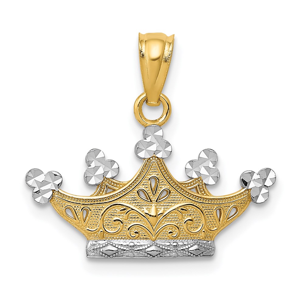 14k Yellow Gold and White Rhodium Diamond Cut Crown Pendant, 20mm