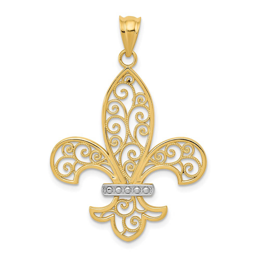 14k Yellow Gold & White Rhodium Filigree Fleur De Lis Pendant, 26mm