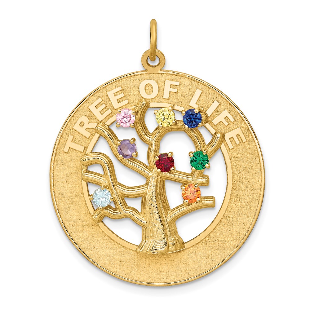 14k Yellow Gold & CZ Tree of Life Circle Pendant, 29mm (1 1/8 inch)