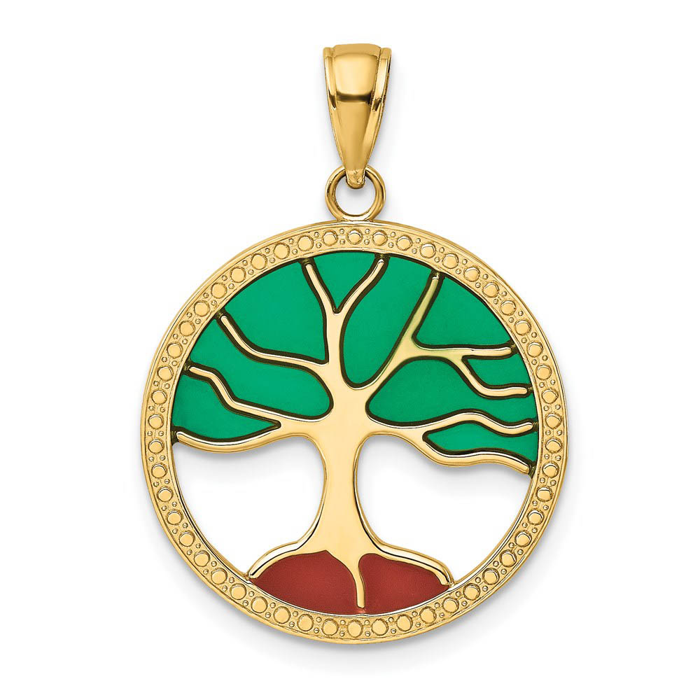 14k Yellow Gold & Enameled Round Tree of Life Pendant, 21mm