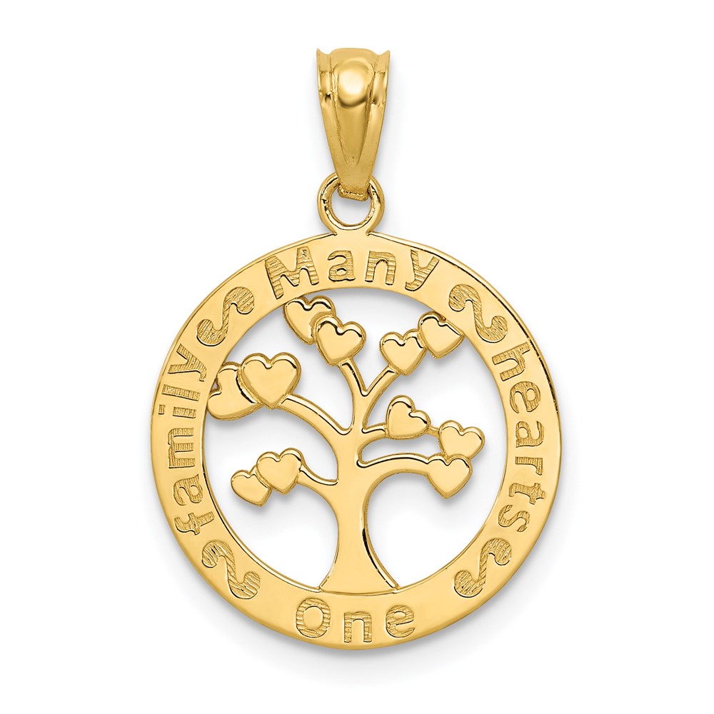 14k Yellow Gold One Family Many Hearts Tree of Life Pendant, 16mm