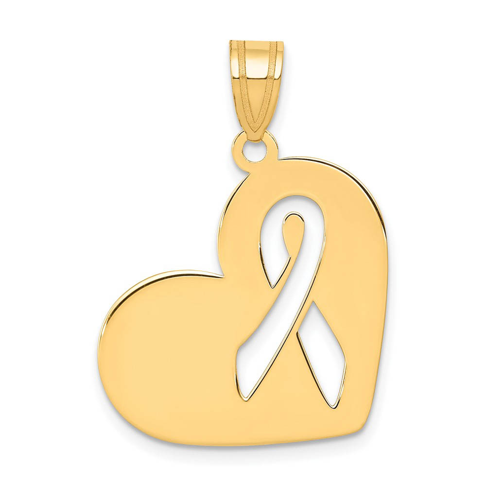 14k Yellow Gold Heart with Awareness Ribbon Pendant, 22mm (7/8 inch)