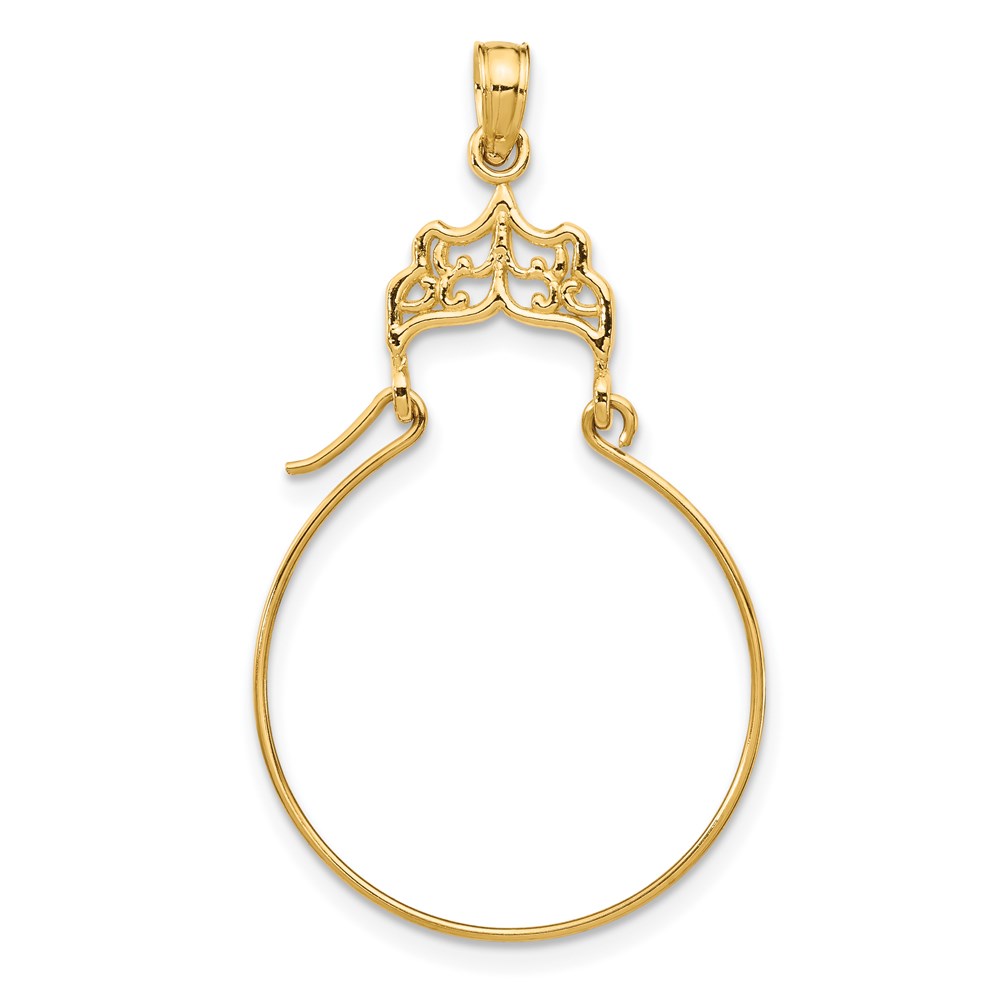 14k Yellow Gold Satin & Diamond Cut Filigree Charm Holder Pendant 19mm