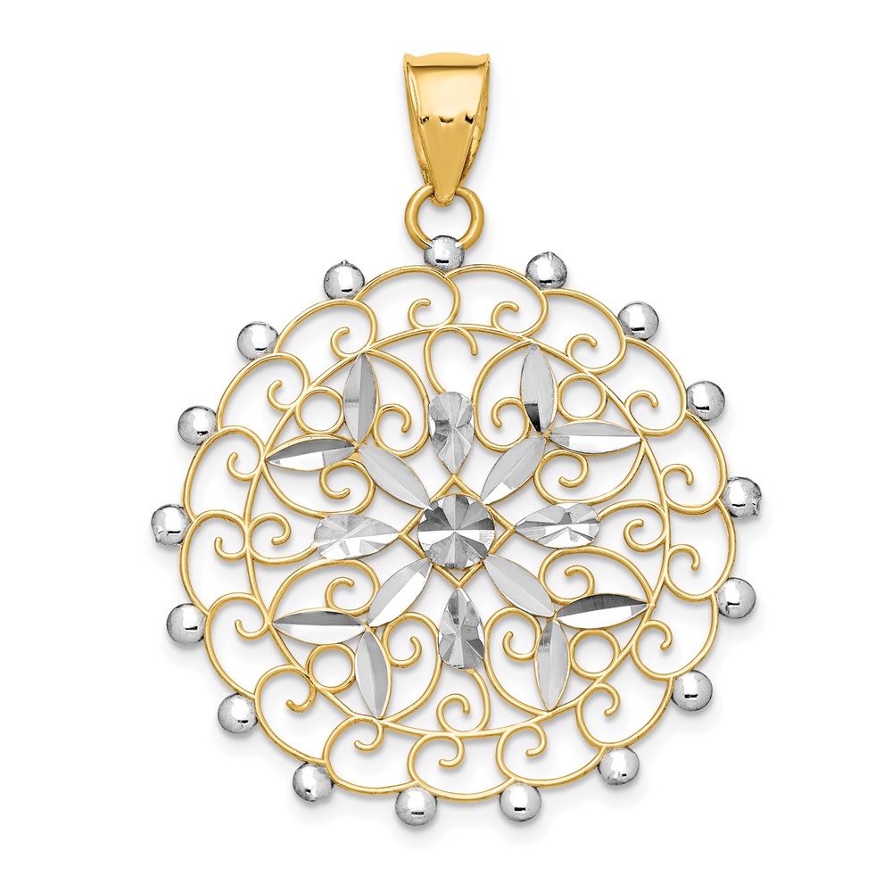 14k Yellow Gold and White Rhodium Diamond Cut Filigree Pendant, 32mm