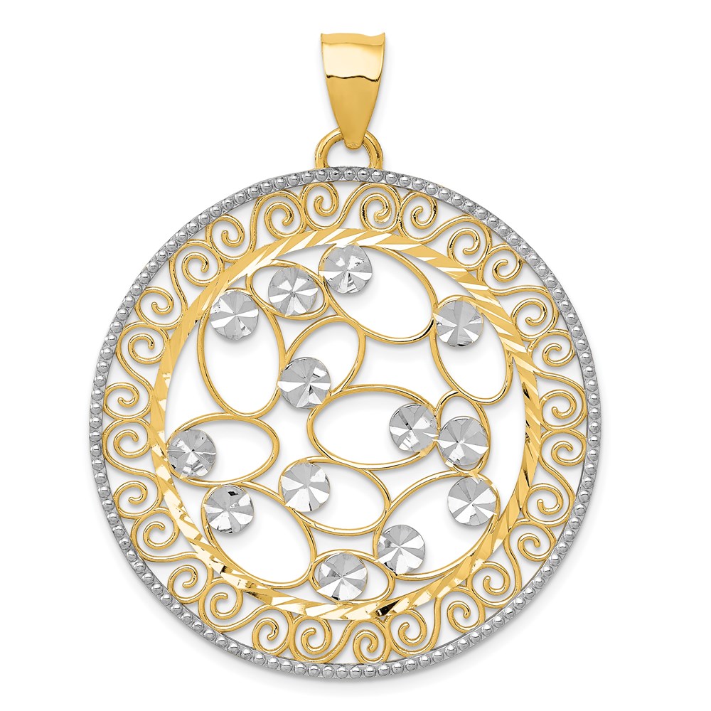 14k Yellow Gold & White Rhodium D/C Ornate Circle Pendant, 38mm