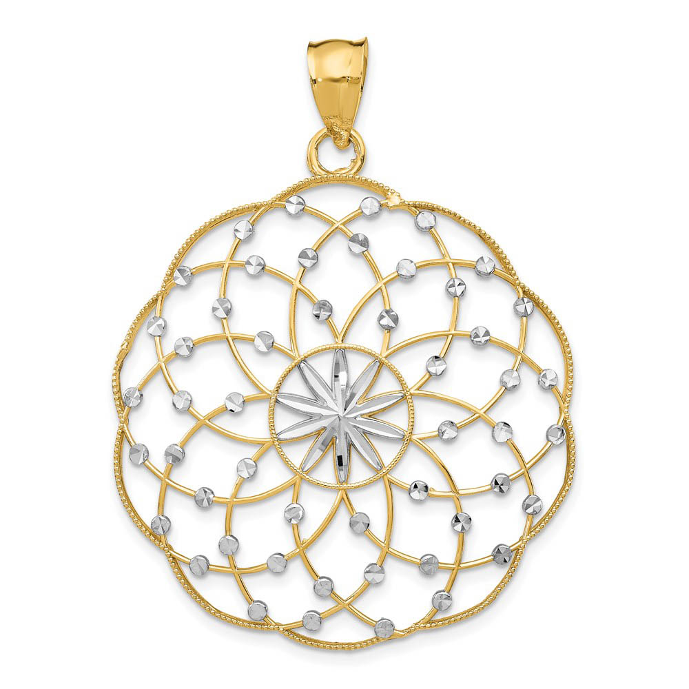 14k Yellow Gold & White Rhodium Scalloped Ornate Pendant, 38mm