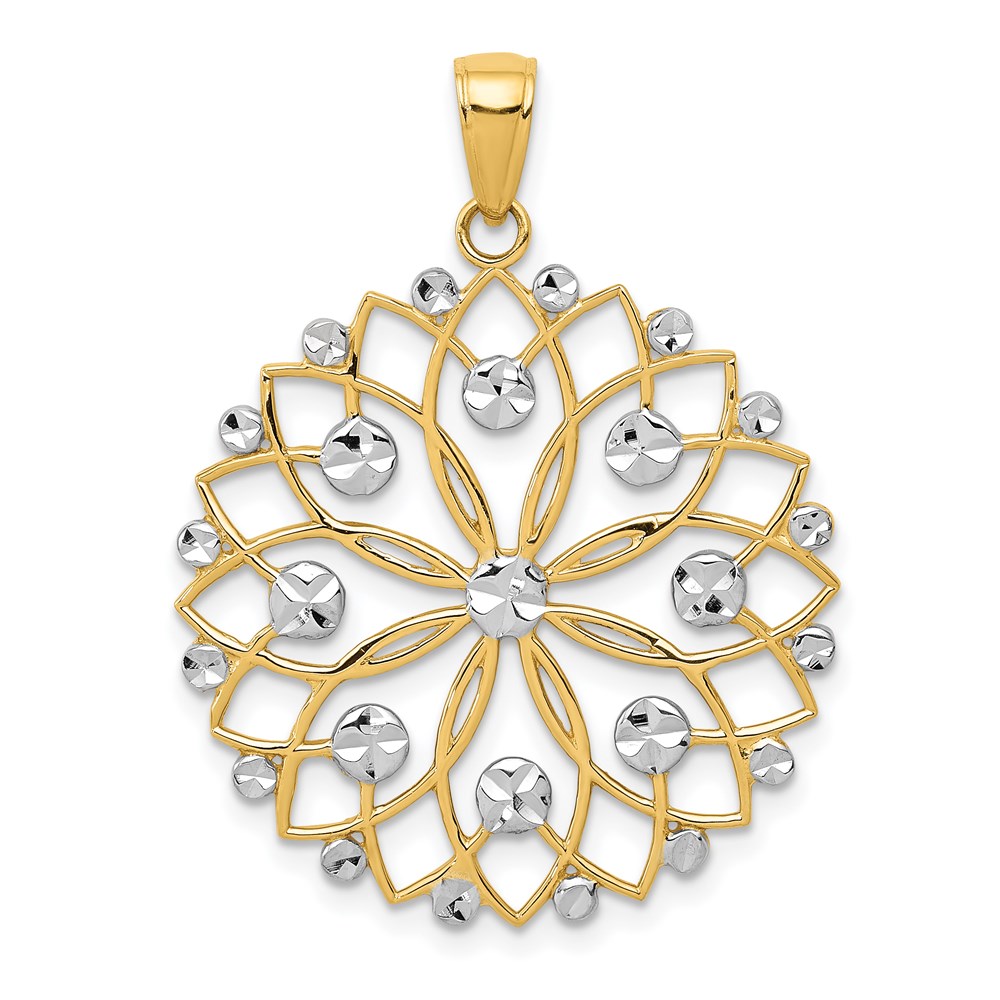14k Yellow Gold and White Rhodium Diamond Cut Flower Pendant, 26mm