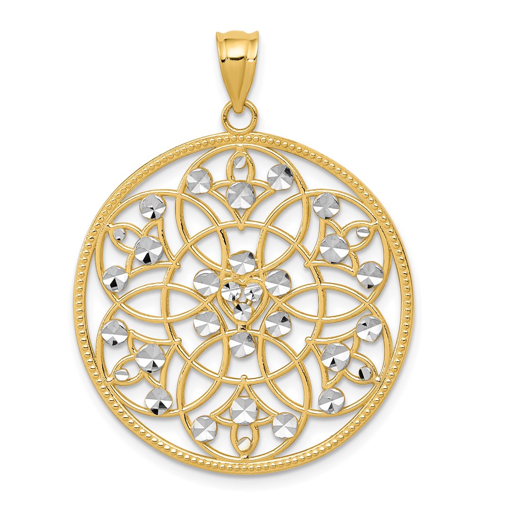 14k Yellow Gold & White Rhodium Round Filigree Pendant, 28mm