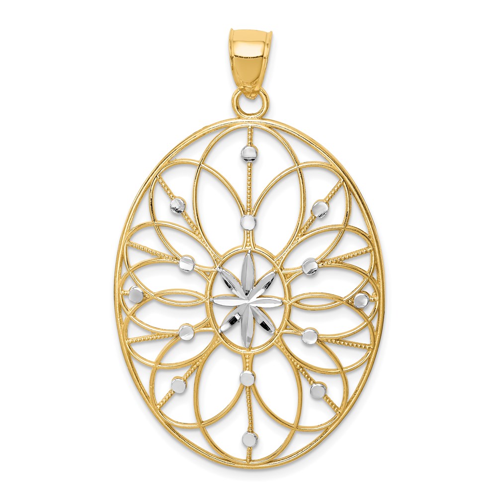 14k Yellow Gold & White Rhodium Oval Filigree Pendant, 30mm