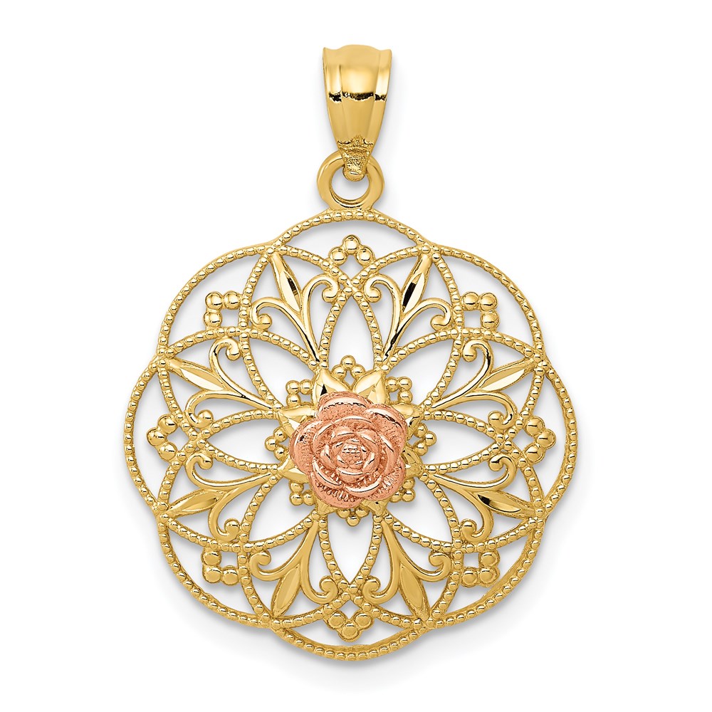 14k Two Tone Gold Round Filigree Rose Pendant, 19mm (3/4 inch)