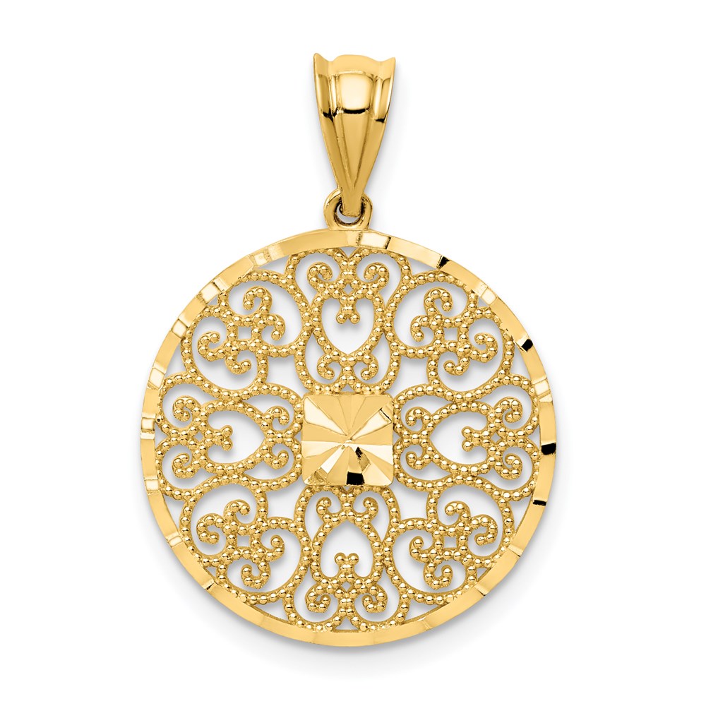 14K Yellow Gold Textured & Diamond Cut Filigree Circle Pendant, 19mm