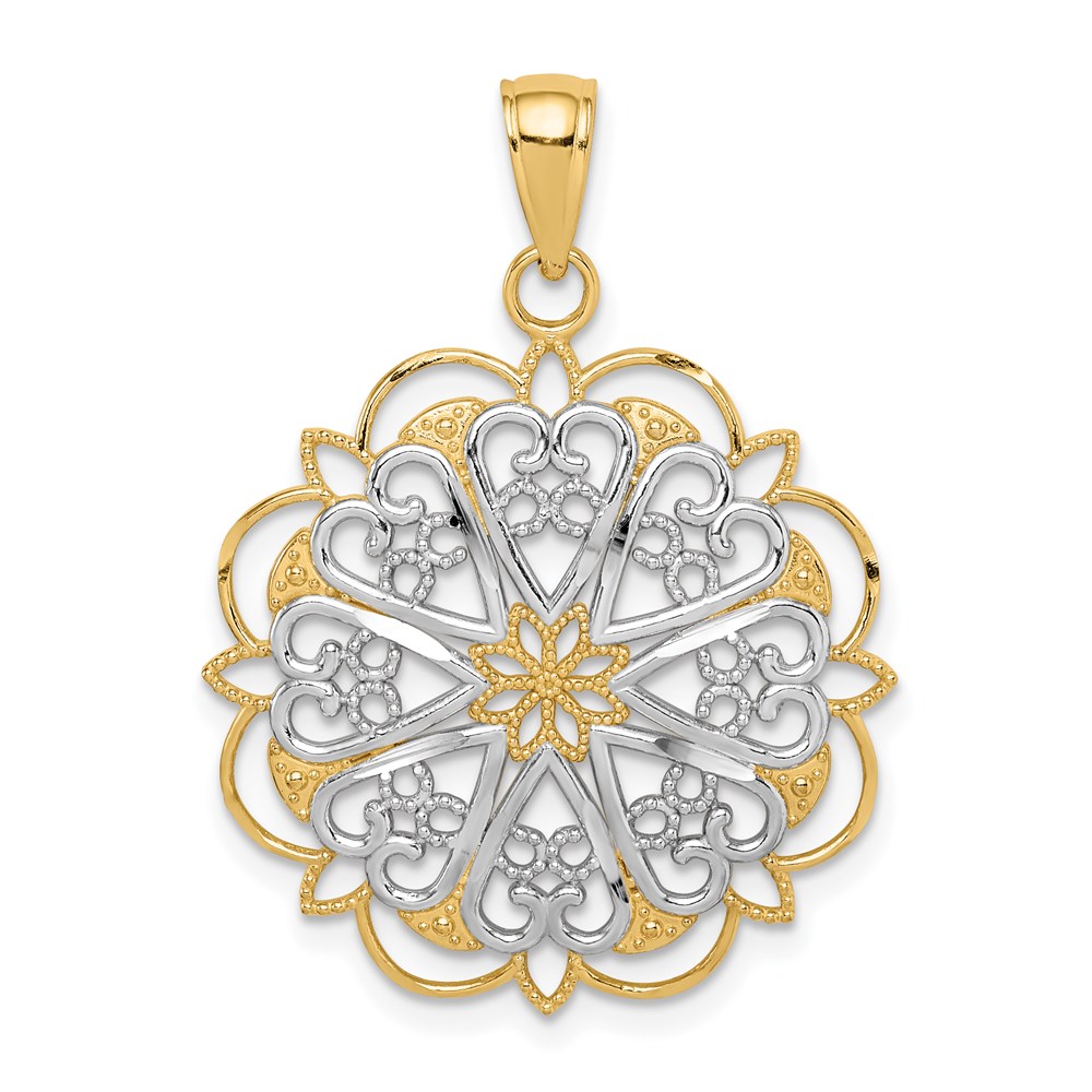 14K Yellow Gold & White Rhodium Filigree Hearts Pendant, 25mm (1 inch)