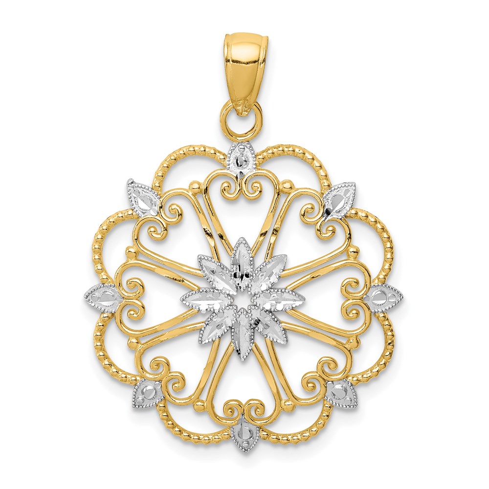 14k Yellow Gold & White Rhodium Starburst Heart Pendant, 25mm (1 inch)
