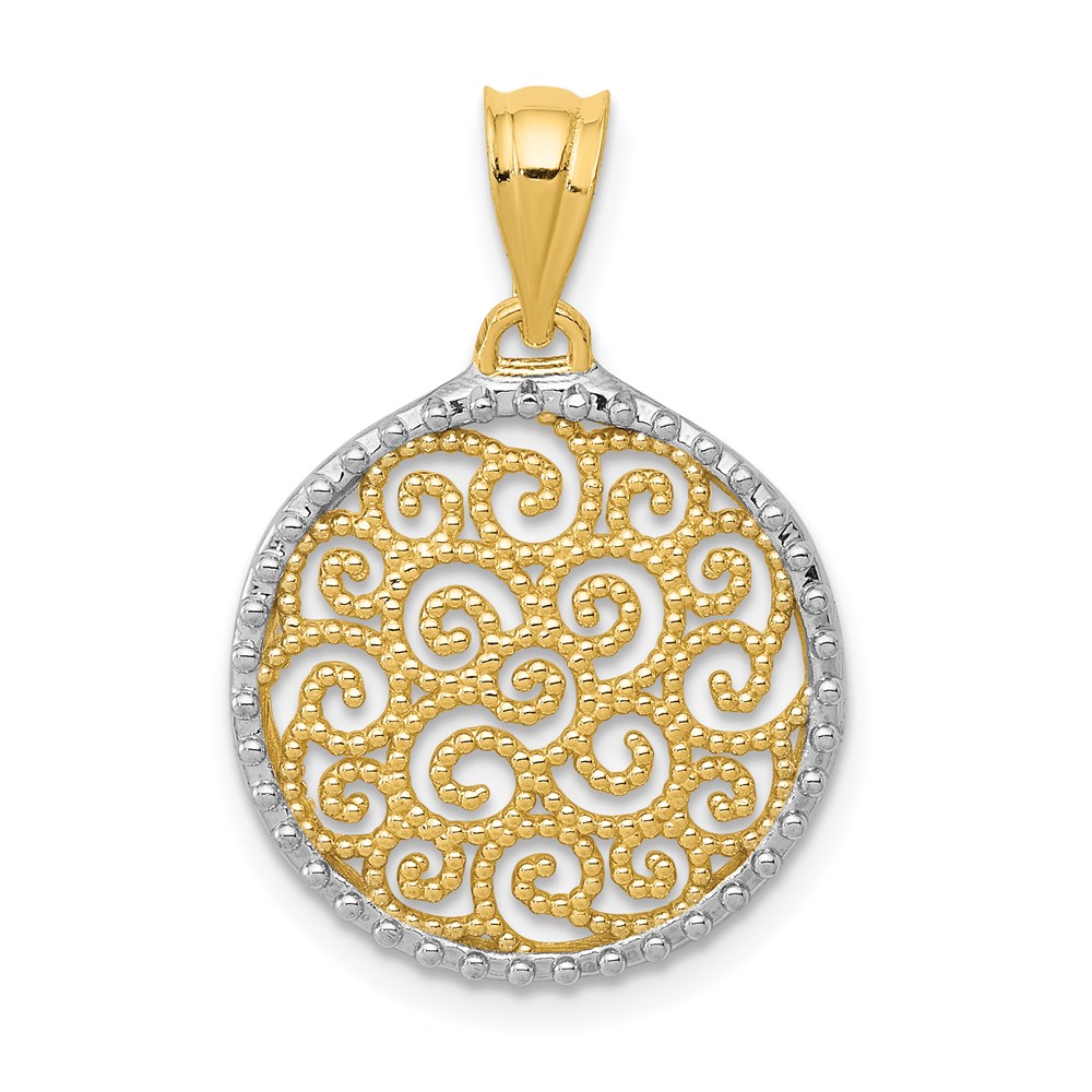 14k Yellow Gold & White Rhodium Filigree Scroll Circle Pendant, 16mm