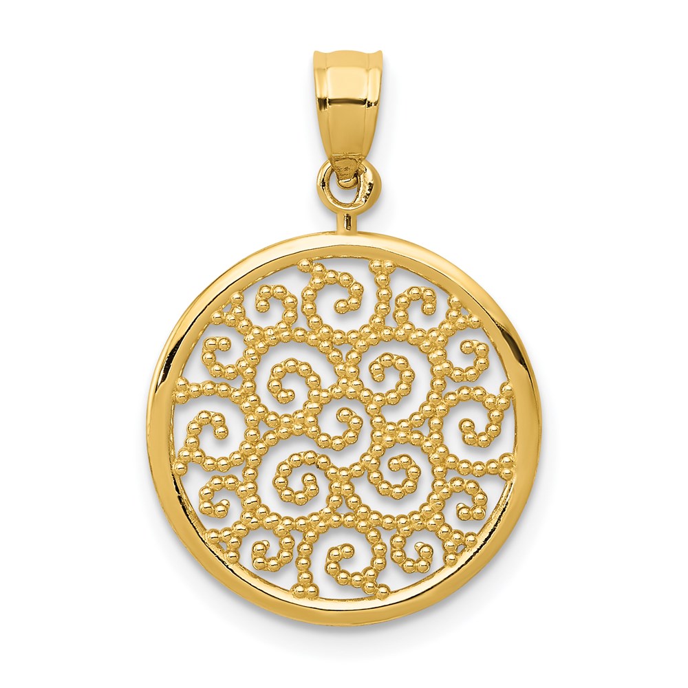 14k Yellow Gold Filigree Scroll Circle Pendant, 16mm (5/8 inch)