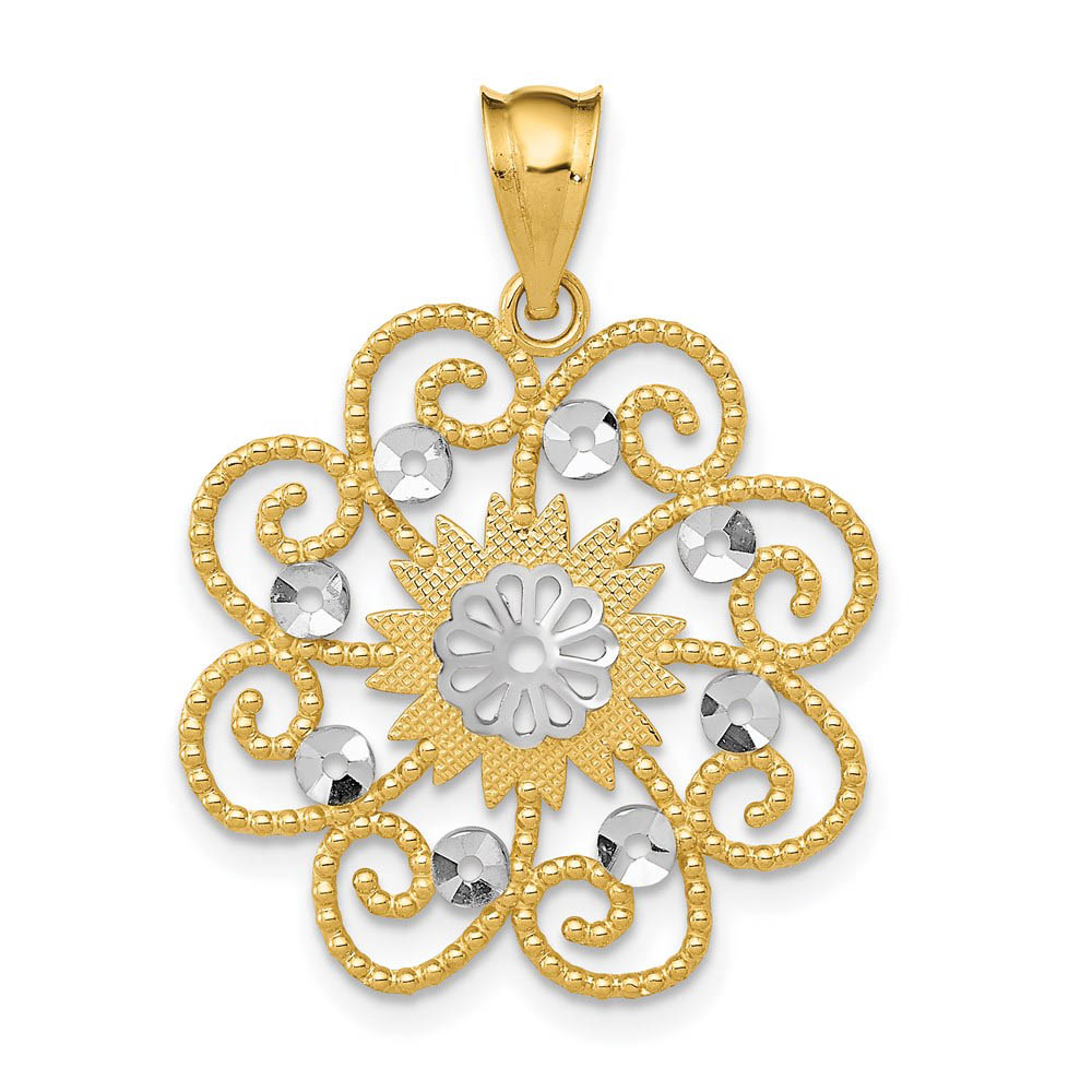14k Yellow Gold and White Rhodium Round Swirl Pendant, 20mm (3/4 inch)