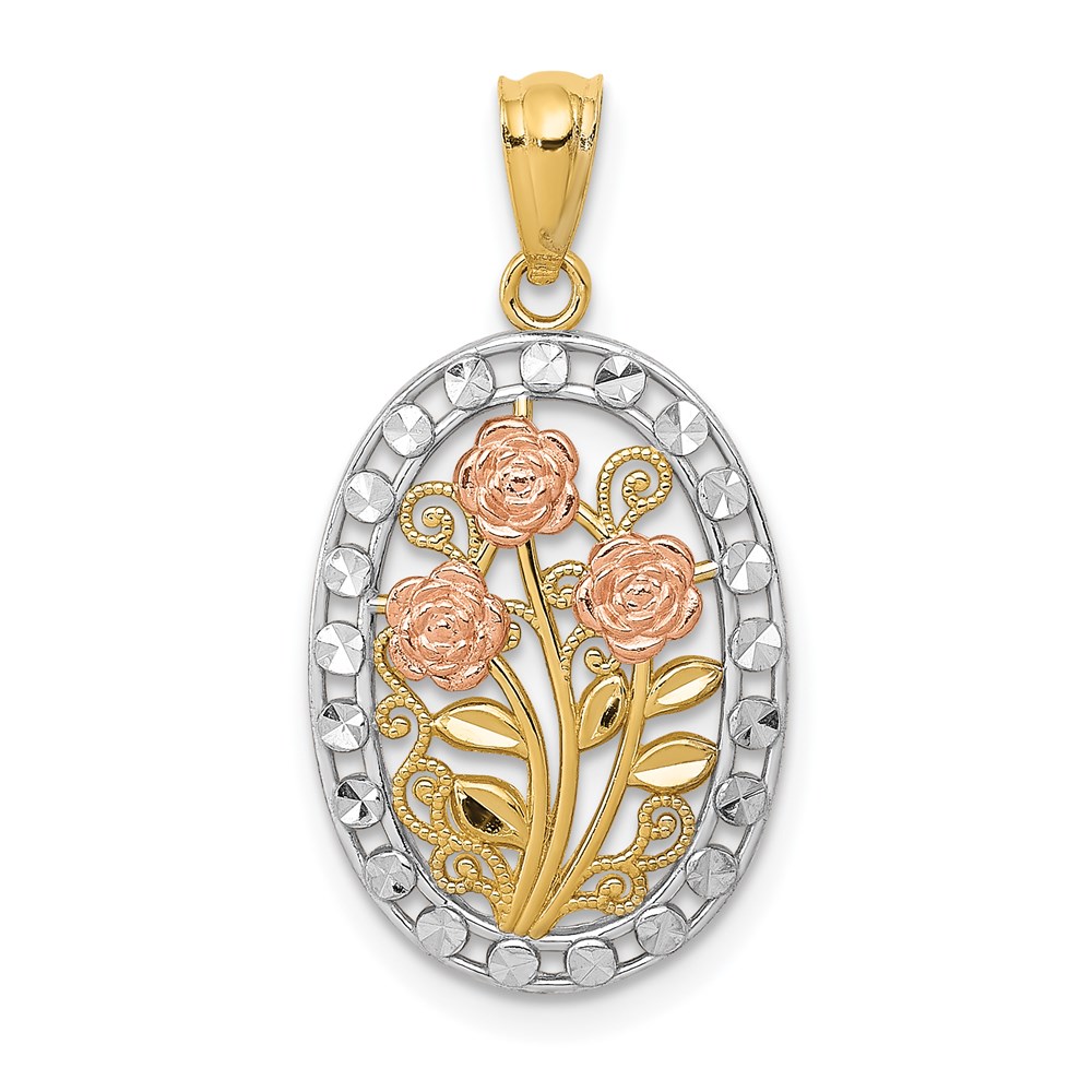 14k Yellow & Rose Gold with White Rhodium Oval 3 Rose Pendant, 13mm