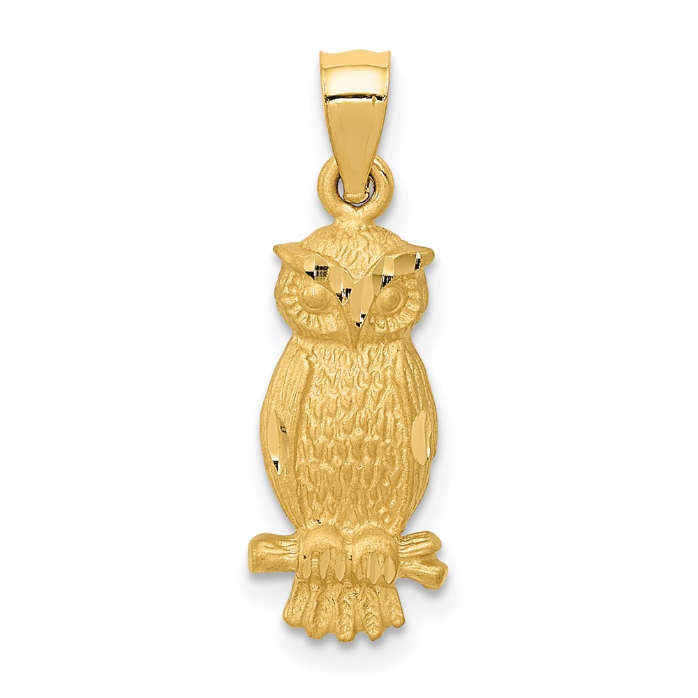 14k Yellow Gold Satin & Diamond Cut Owl Pendant, 8mm (5/16 inch)