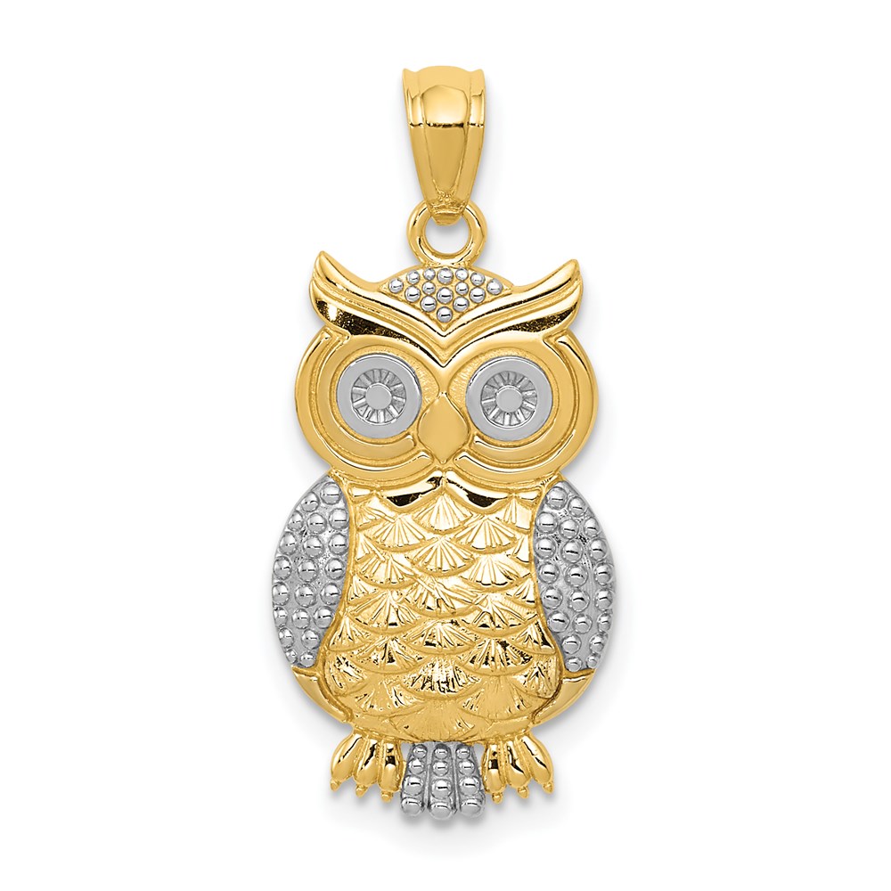 14k Yellow Gold and White Rhodium Owl Pendant, 12mm (7/16 inch)