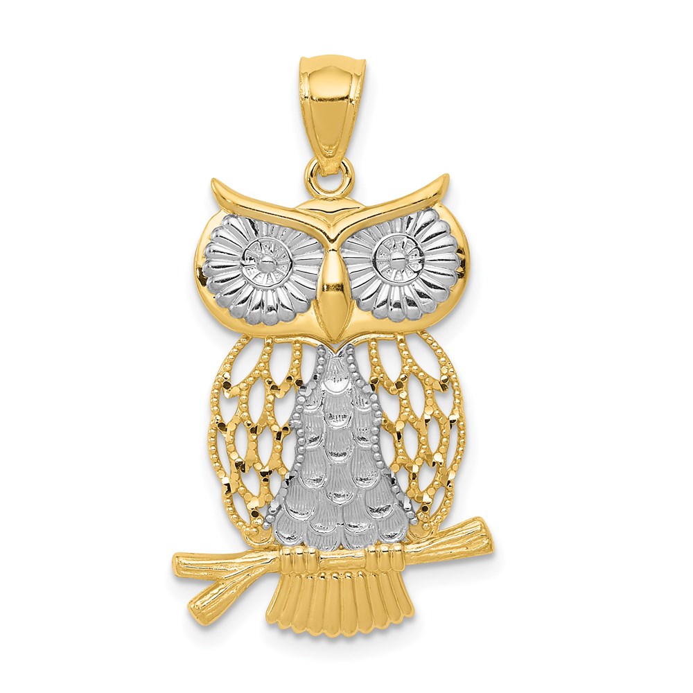 14k Yellow Gold & White Rhodium Moveable Owl Pendant, 17mm (5/8 inch)