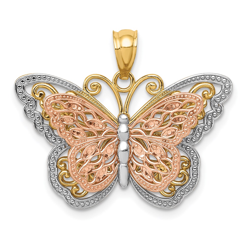 14k Two Tone Gold and White Rhodium Stacked Butterfly Pendant, 26mm