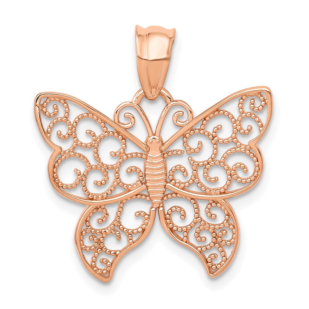 14k Rose Gold Filigree Butterfly Pendant, 21mm (13/16 inch)