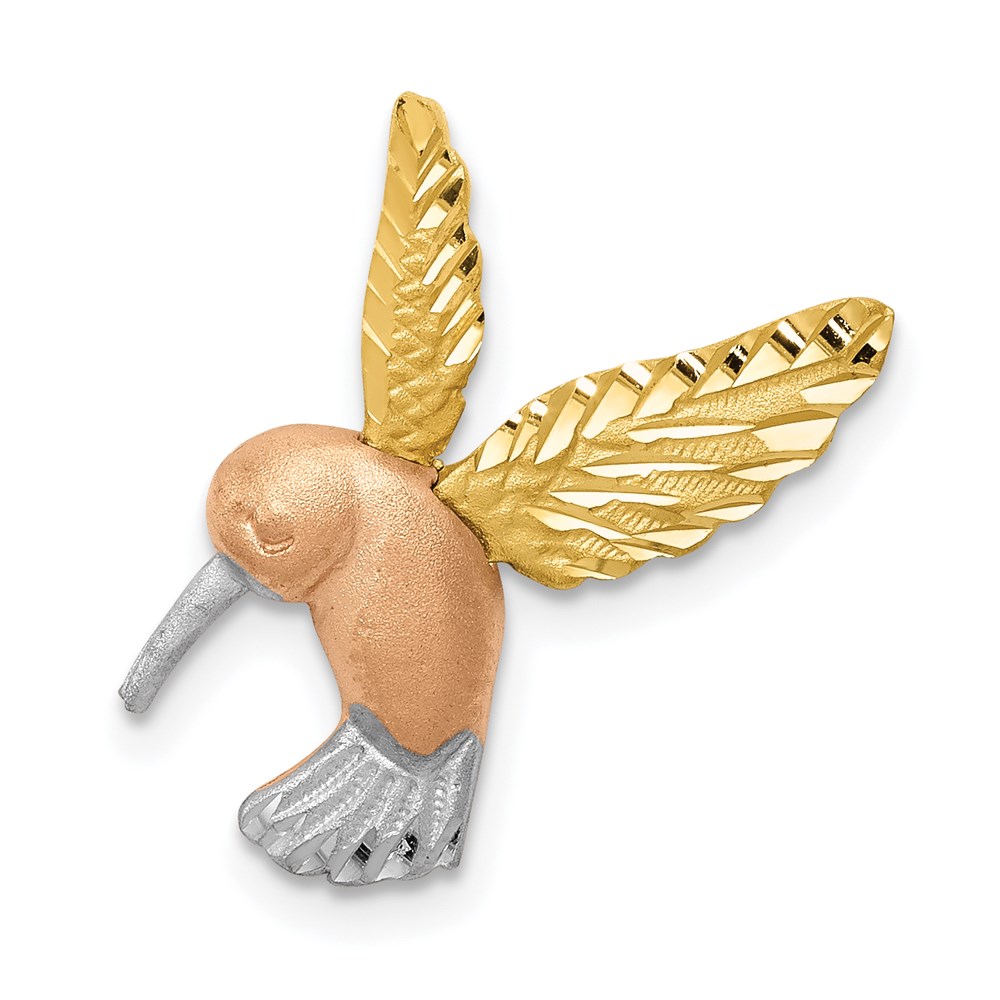 14k Two Tone Gold & White Rhodium 2D Hummingbird Slide Pendant, 18mm