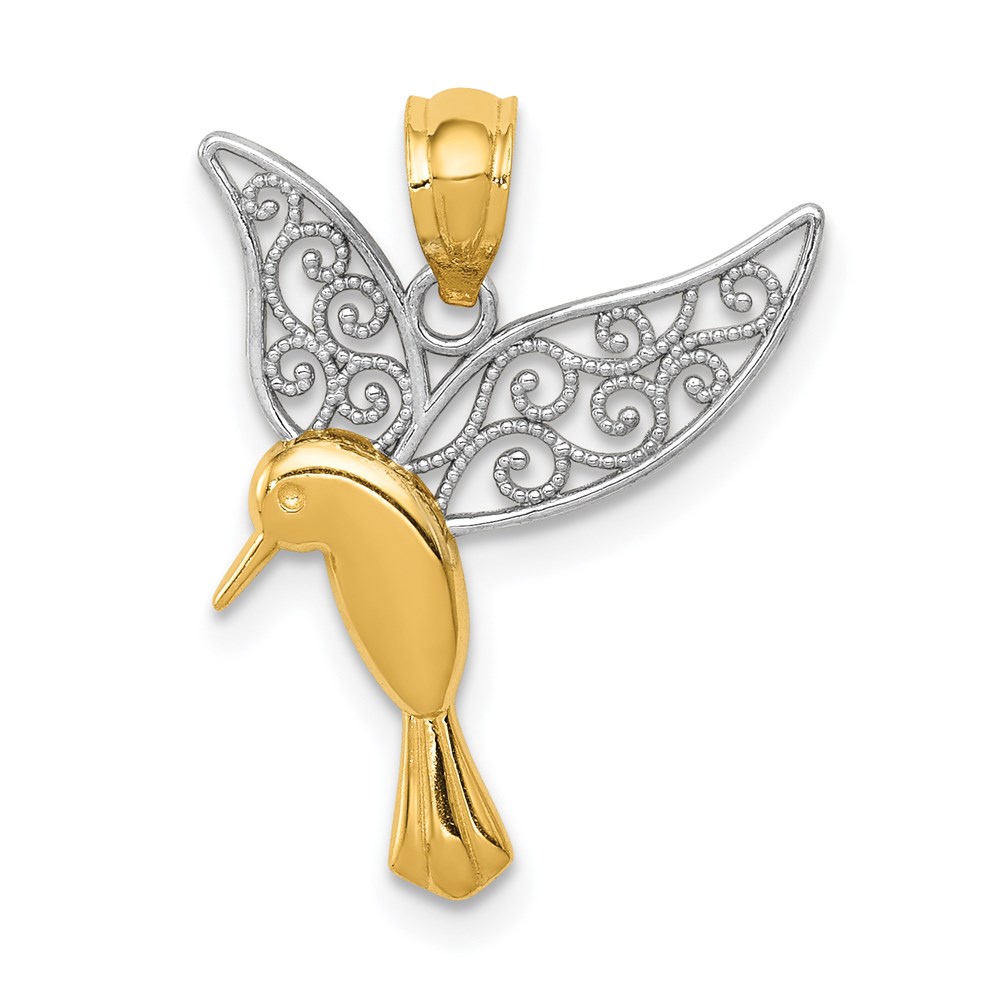 14k Yellow Gold & White Rhodium Filigree Hummingbird Pendant, 16mm
