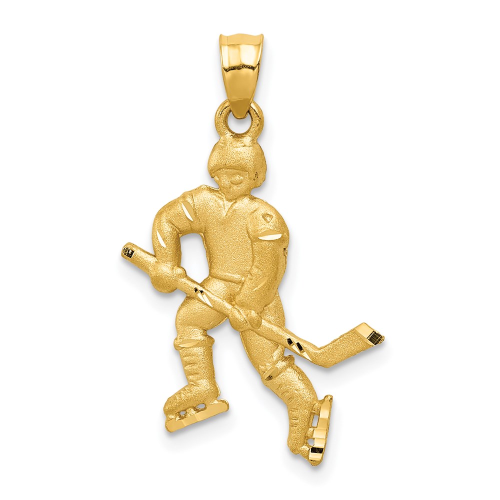 14k Yellow Gold Satin & Diamond Cut Hockey Player Pendant, 17mm