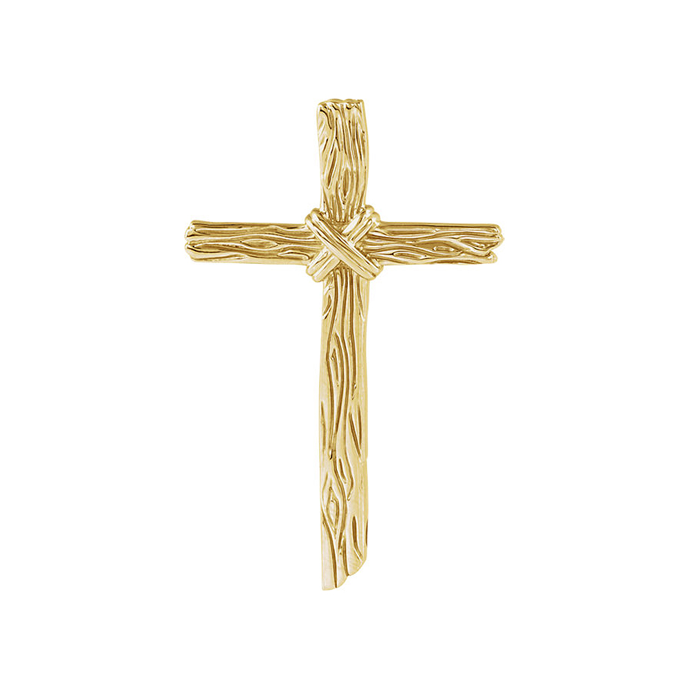 14k Gold or Sterling Silver Woodgrain Rope Cross Pendant, 32 x 51mm