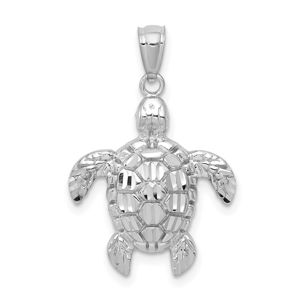 14k White Gold Diamond-Cut Sea Turtle Pendant, 17 x 24mm